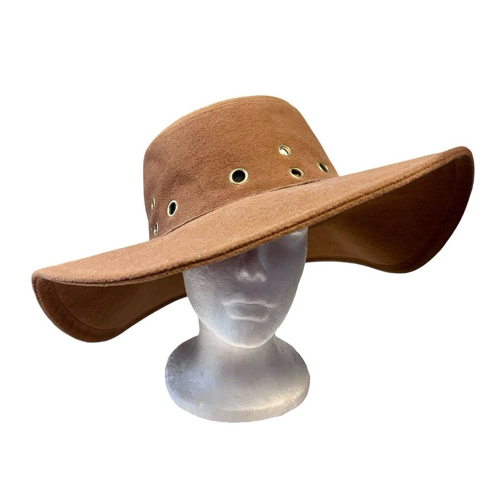 RUE 21 Tan Felt Fedora Hat with Grommets Wide Brim Billy Jack Boho Floppy
